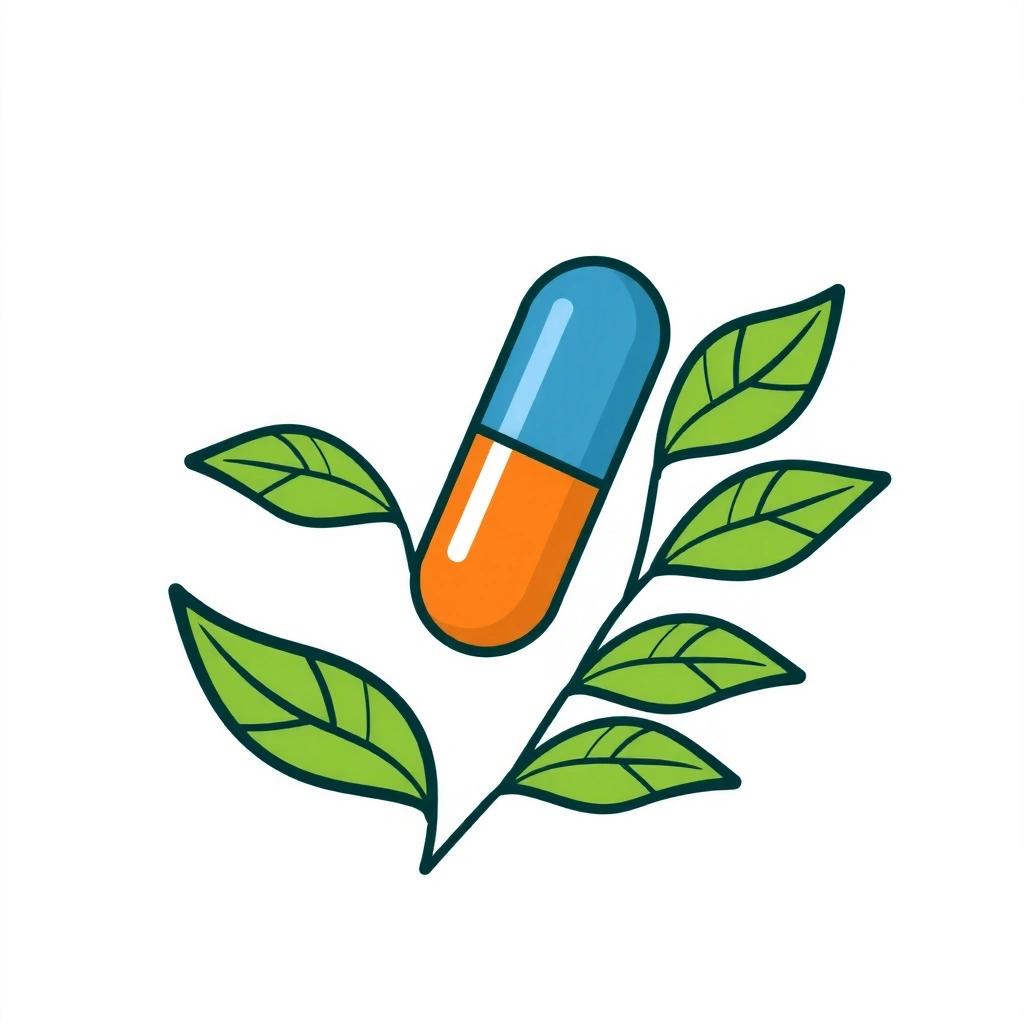 Icono de una cápsula de vitamina con hojas verdes a su alrededor.