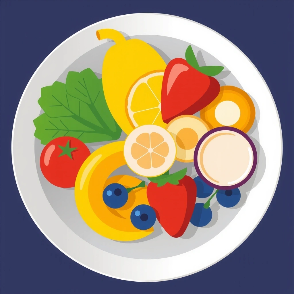 Icono de un plato con alimentos saludables como frutas y verduras.