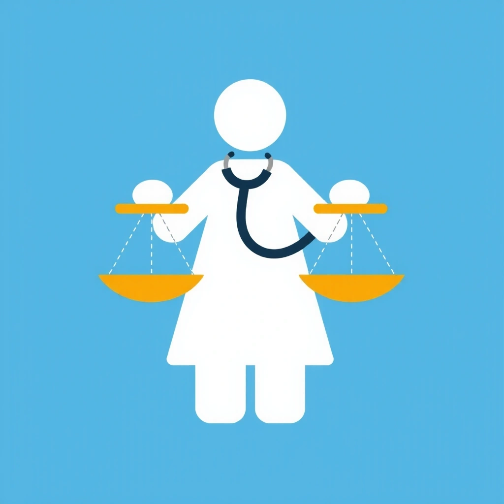 Icono de un dietista o nutricionista, persona con estetoscopio y balanza.