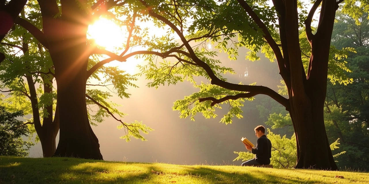 Una persona concentrada leyendo un libro en un entorno natural y sereno, con luz suave filtrándose entre los árboles, evocando conocimiento y tranquilidad.