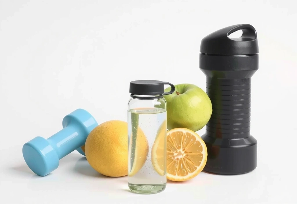 Botella de agua junto a frutas y equipos de ejercicio.