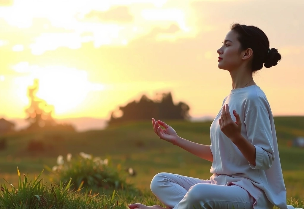 Mujer joven meditando en un entorno natural al amanecer.