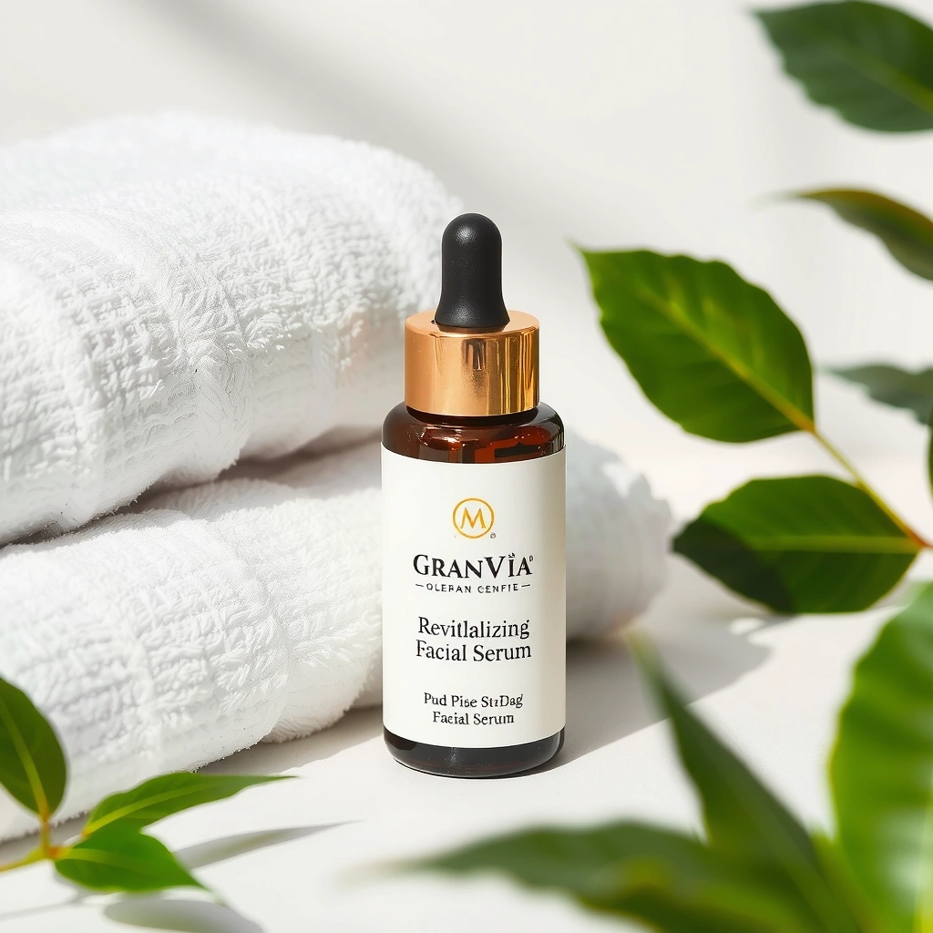 Suero facial Granviabf en un entorno de spa con toallas y plantas