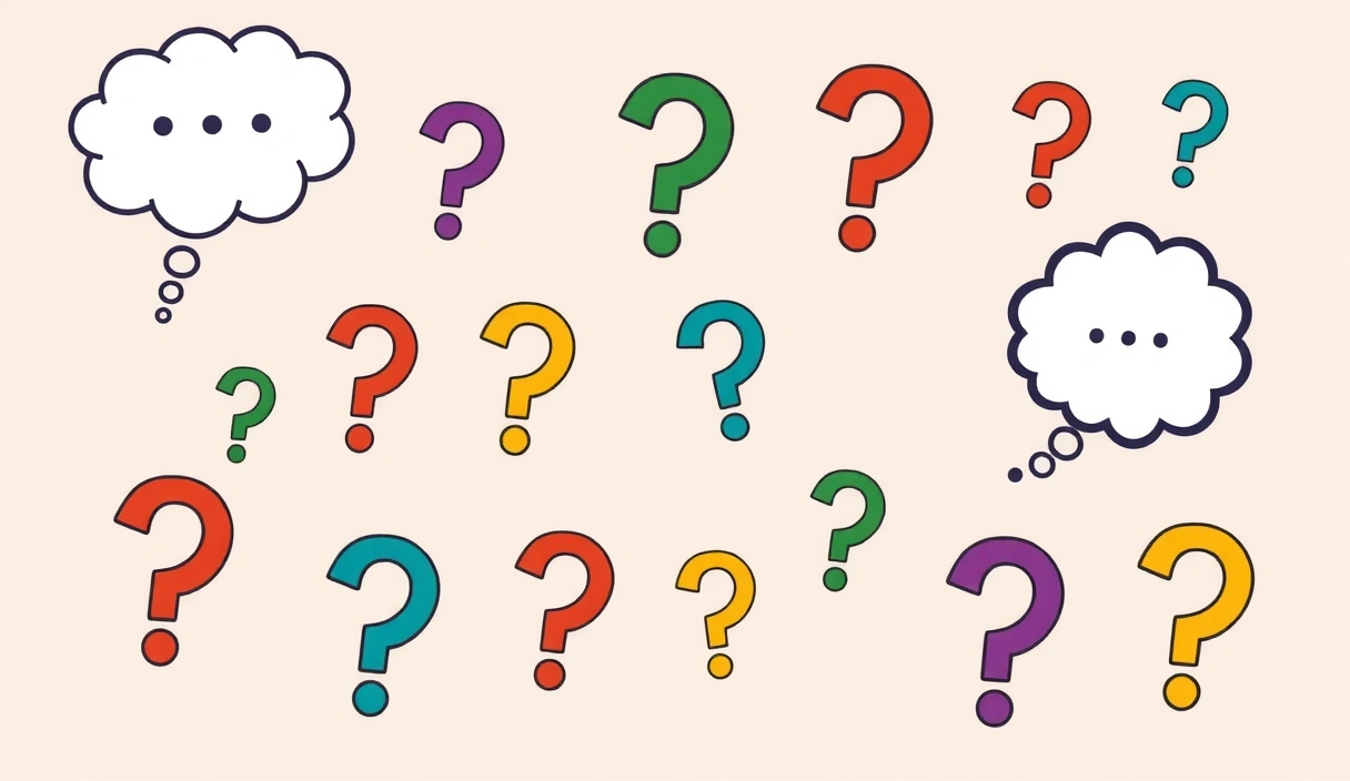 Ilustración de signos de interrogación flotando sobre un fondo limpio y minimalista, representando preguntas y respuestas.